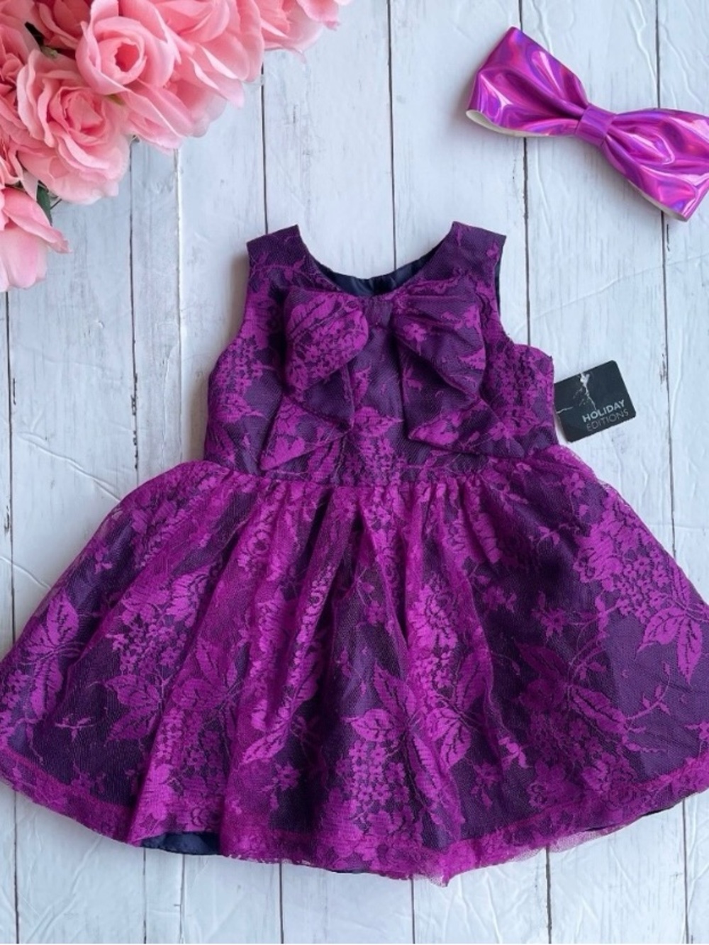 Holiday Editions Girls' Purple Lace Bow Party Dress NWT